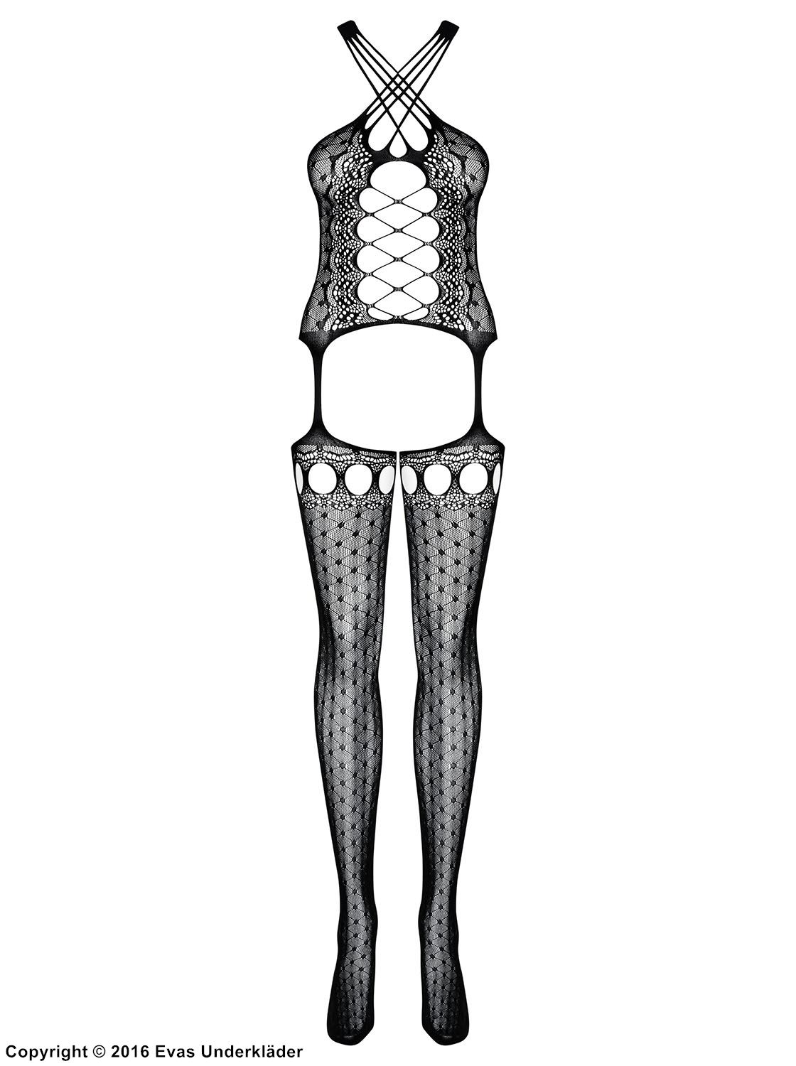 Sexy Bodystocking, gestrickt, Schnürung, eingebaut Strumpfgürtel